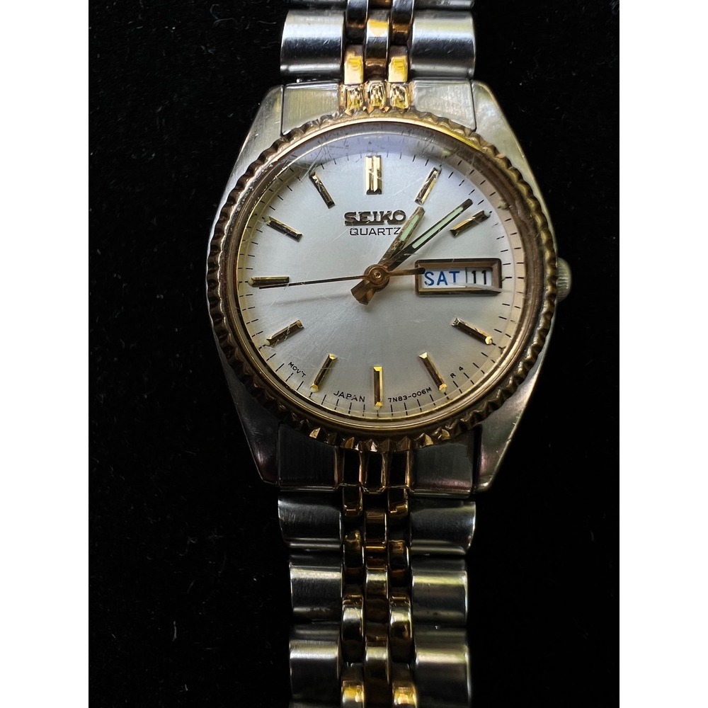 VTG SEIKO 7N83-0041 Women's Two-Tone Watch Fluted Bezel Jubilee Bracelet As Is
